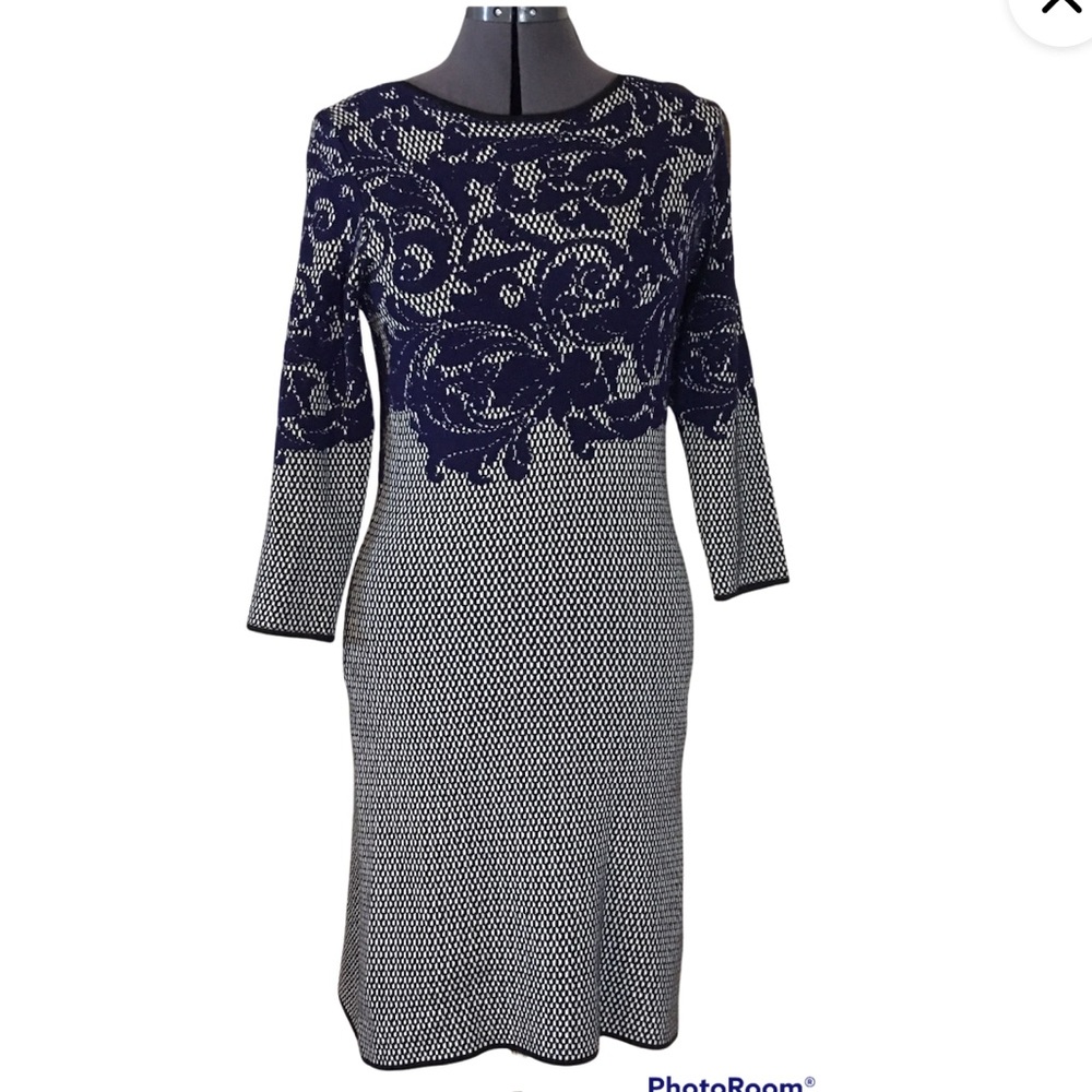 Just…Taylor Black and White Checkered Knit Dress with Navy Floral Design